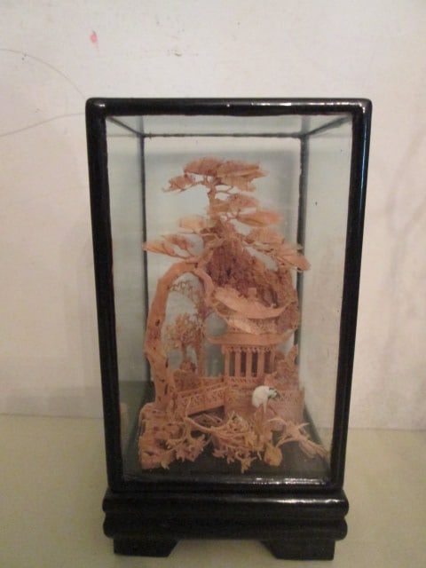 Vintage Carved Cork Diorama, Chinoiserie Etched Brass Vase and Miniature Plate and - 4
