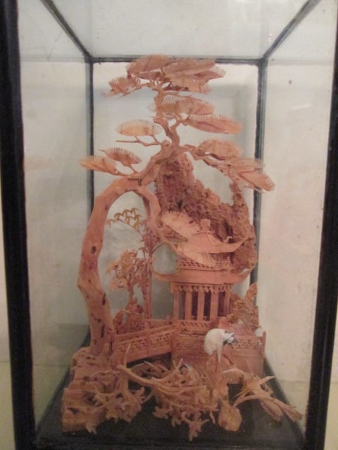 Vintage Carved Cork Diorama, Chinoiserie Etched Brass Vase and Miniature Plate and - 5