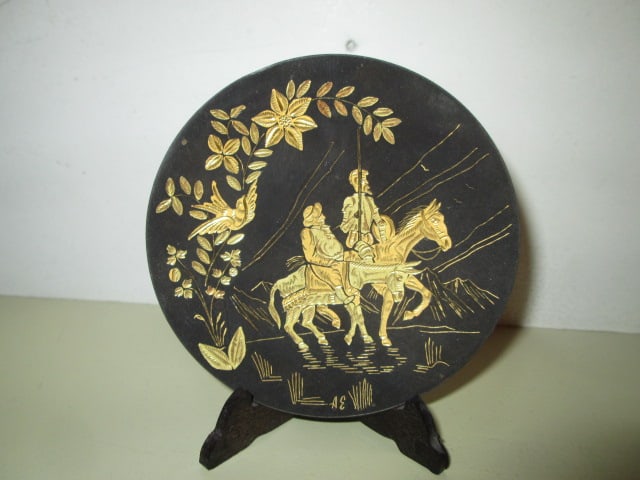 Vintage Carved Cork Diorama, Chinoiserie Etched Brass Vase and Miniature Plate and - 6
