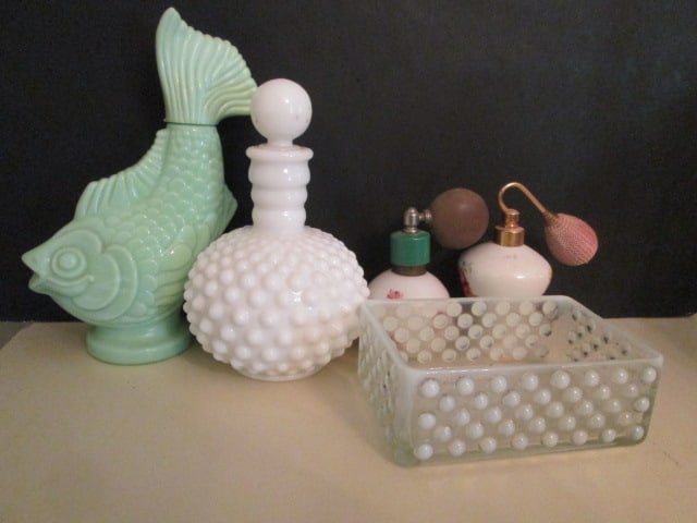 Milk Glass Hobnail Cologne Bottle, Opalescent Hobnail Open Dresser Box, Two Handpainted (1 of 10)