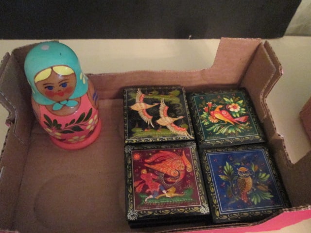 Handpainted 3 Piece Russian Nesting Dolls and Four Handpainted Lacquered Russian (1 of 6)