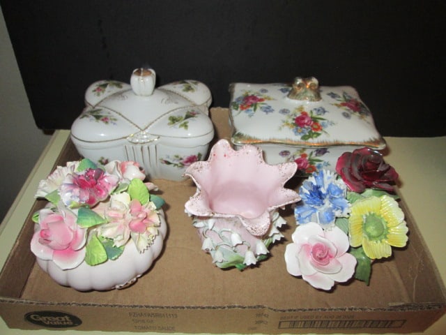 Two Porcelain Trinket Boxes with Floral Motifs, Two Bon China Flower Bouquets and (1 of 7)