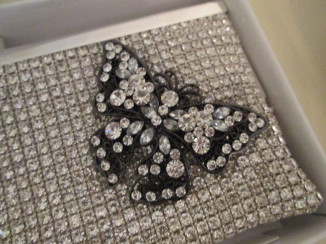 Isabella Adams Solid Crystal Evening Bag Accented with Crystal Butterfly Brooch in Original Box: Made exclusively for Sam's Club Tampa, Fla. Brooch has been permanently attached to evening bag