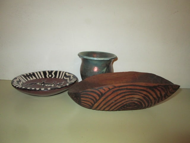 Carved Wood Tribal Bowl, Tribal Lizard Stone Bowl and Signed Studio Pottery Vase: .