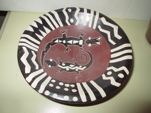 Carved Wood Tribal Bowl, Tribal Lizard Stone Bowl and Signed Studio Pottery Vase - 2