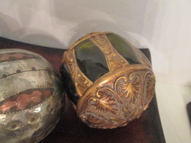 Glass and Metalwork Decorative Ornamental Orbs in a Scroll Foot Metal Tray: Tray 13 1/2" x 7" x 3 3/4", (3)4"dia orbs