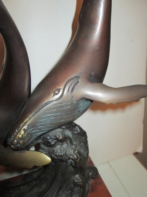 Bronze Humpback Whale Family Sculpture Mounted on Faux Burlwood and Black Plinth Base - 3