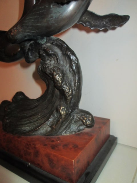 Bronze Humpback Whale Family Sculpture Mounted on Faux Burlwood and Black Plinth Base - 4