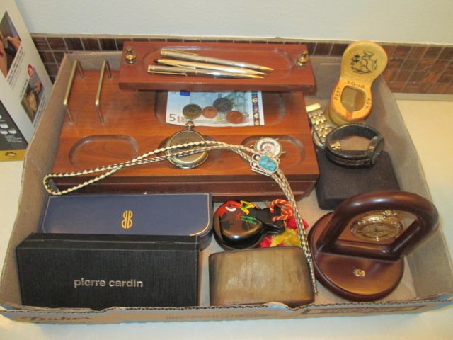Wooden Gentleman's Dresser Valet, String Bolo Tie, Novelty Ashtray, Wrist Watches, (1 of 9)