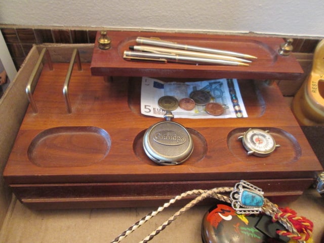 Wooden Gentleman's Dresser Valet, String Bolo Tie, Novelty Ashtray, Wrist Watches, - 9
