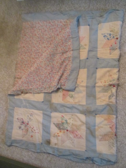 Antique Hand Stitched Pinwheel Pattern Quilt: approx. 64" x 80", some stains, tears and repairs-see pictures and preview for condition
