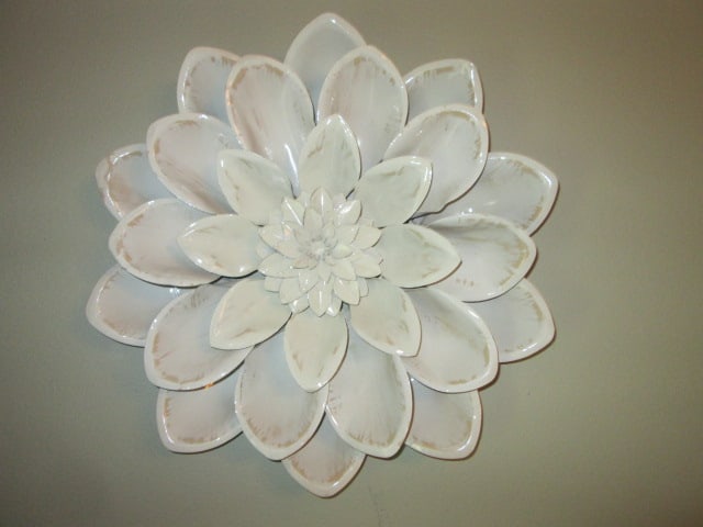 Distressed White Painted Dimensional Flower Blossom Metal Wall Art: 16"dia