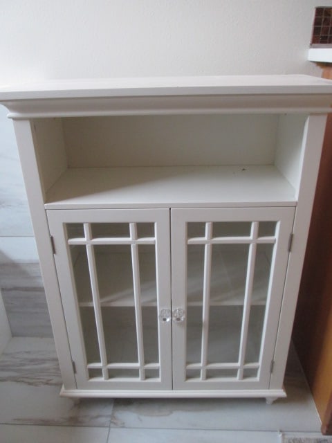 White Misson Style Storage Cabinet with Glass Doors: 26 1/2" x 12" x 34 1/4", open shelf over two glass doors with adjustable shelf, Local Pickup Only