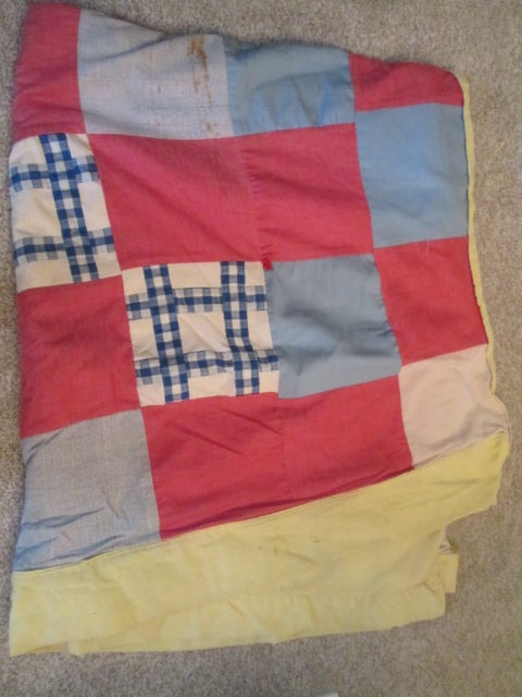 Old Hand Sewn Reversible "Winnie the Pooh" Bedspread and Patchwork Pieced Quilt: approx. 60" x 72", some spots and fading