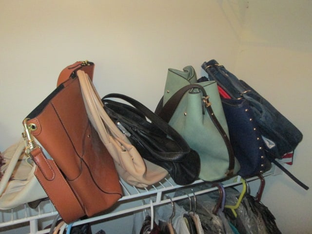 Contents of Walk-In Closet-Men's and Ladies Clothes, Wire Shoe Rack, Ladies Purses, - 6