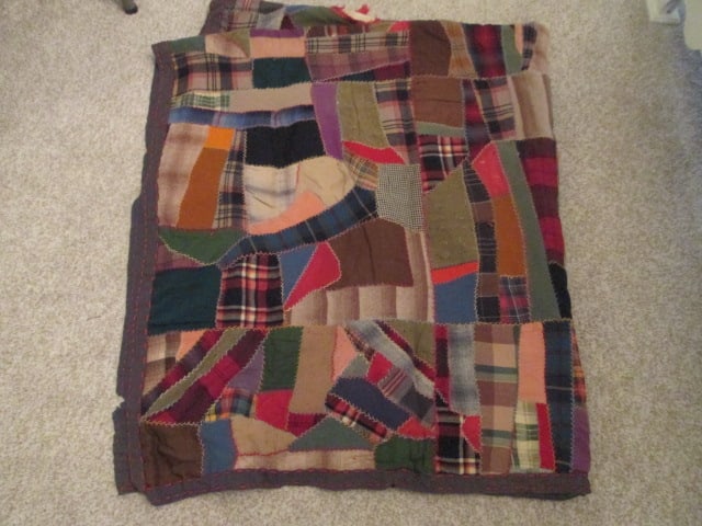 Antique Hand Stitched Pieced Scrap Crazy Quilt: approx. 68" x 72", per consigner note pre 1940's, some tears and small stains-see pictures and preview for condition