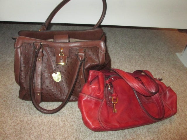 London Fog Faux Ostrich Skin Handbag and Fossil Red Leather Handbag: London Fog handles have some separation at stitching, purses unauthenticated see pictures and preview to make own determination, normal use wear