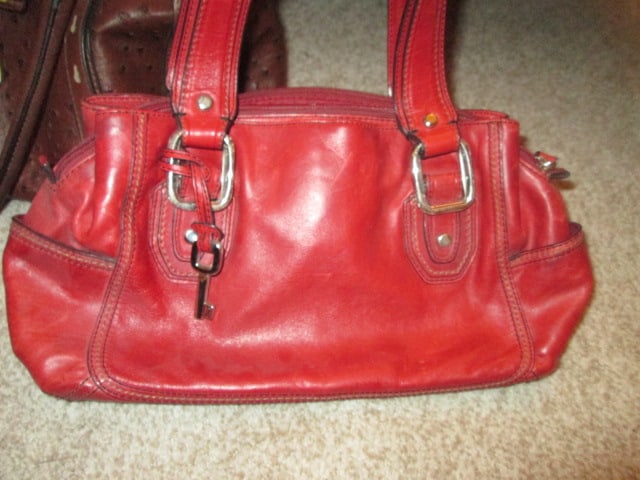 London Fog Faux Ostrich Skin Handbag and Fossil Red Leather Handbag - 2