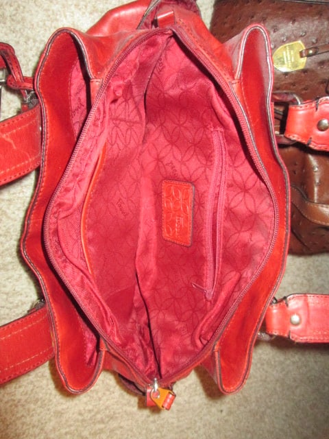 London Fog Faux Ostrich Skin Handbag and Fossil Red Leather Handbag - 3
