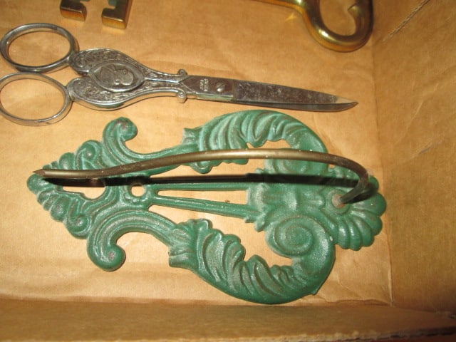 Ornate Cast Metal Victorian Style Receipt Hook, Borshell Italian Scissors,: Decorative Brass Skeleton Key Hook and Six Old Glass Medicine Bottles