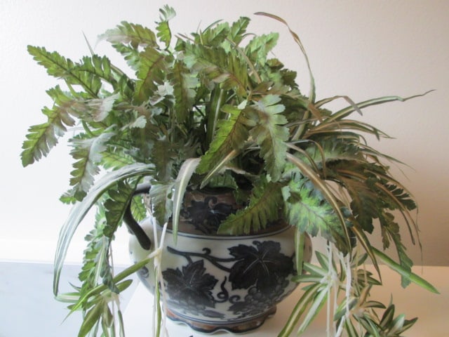 Black & White Grapevine Ceramic Planter with Artificial Fern/Spider Plant Greenery - 3