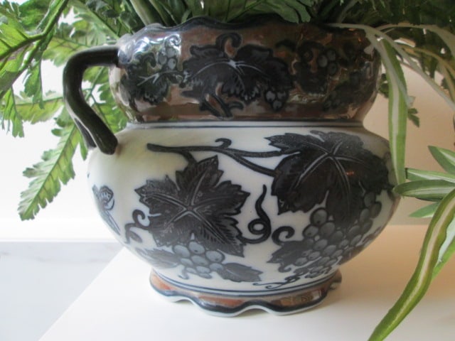 Black & White Grapevine Ceramic Planter with Artificial Fern/Spider Plant Greenery - 4