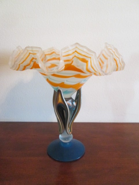 Hand Blown Art Glass Handkerchief Pedestal Compote: 11"dia x 11 1/2"h, has pontil on bottom