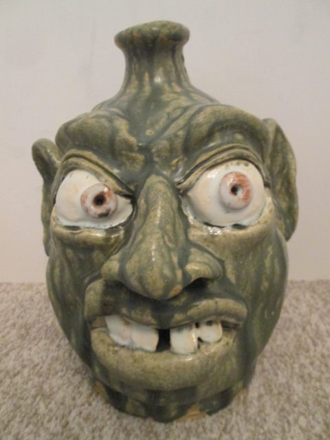 2001 Signed and Dated Southern Folk Art Face Jug: 10"h, incised maker's mark on back-appears to say Wathrum NC 2001
