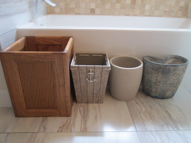 Four Decorative Waste Baskets: Terra cotta has repaired chip on rim, Local Pickup Only