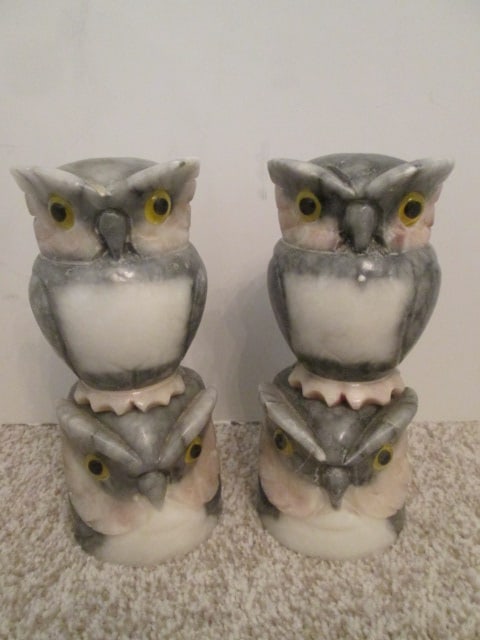 Pair of Carved Polished Alabaster Owl Figures: 7"h, some flea bites