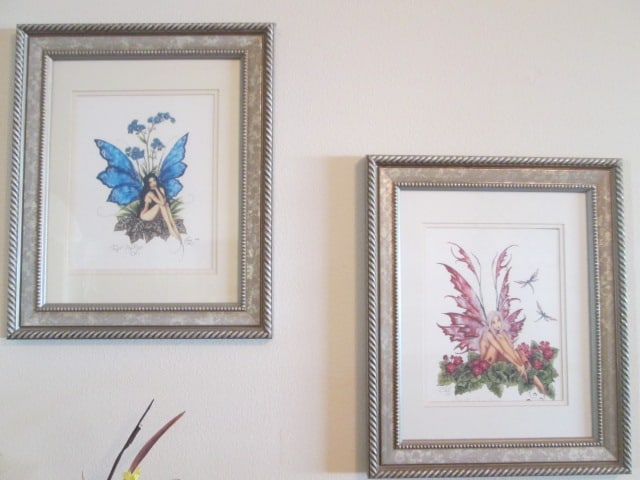 Two Amy Brown Fantasy Fairy Art Prints: 1998 "Forget Me Not" and 2001 "Wish You Were Here" Framed and matted 14 1/2" x 17 1/2"