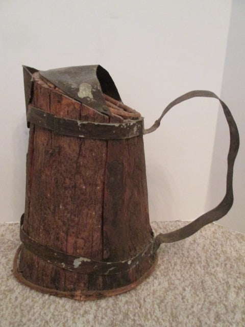 Primitive Live Edge Folk Art Pitcher with Tin Handle/Bands/Spout: 10"h