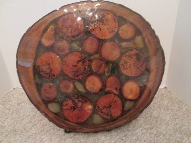 Rustic Live Edge Wood Slice and Embedded Wood and Geode Slice Epoxy Resin Tray/Plaque: 15"dia x 2", includes tabletop plate easel