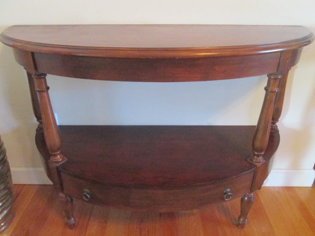 Cherry Tiered Demilune Table with Drawer: 45 1/2" x 17 1/2" x 33", Local Pickup Only