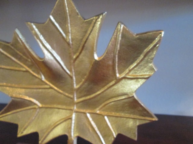 Gilt Cast Metal Maple Leaf Figure on Wood Plinth - 2