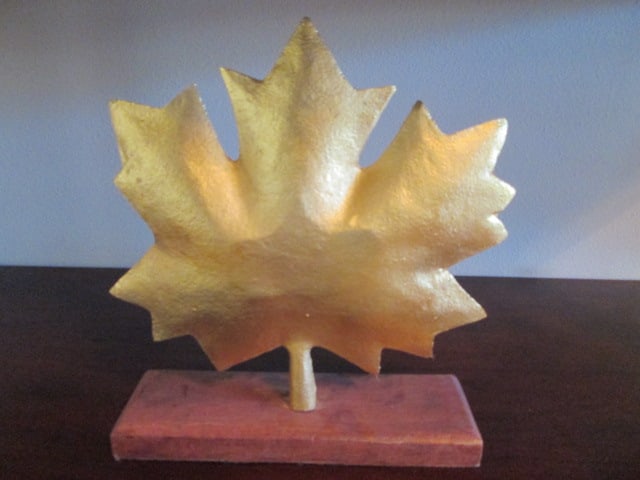 Gilt Cast Metal Maple Leaf Figure on Wood Plinth - 3