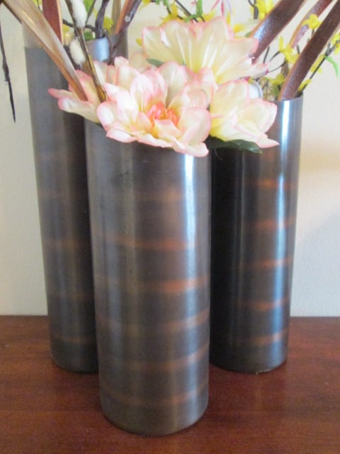 3 Piece Tiered Bronzed Finish Brass Vase Set with Artificial Twig and Florals - 2