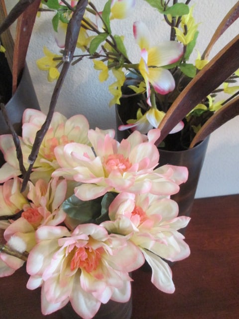 3 Piece Tiered Bronzed Finish Brass Vase Set with Artificial Twig and Florals - 3