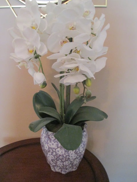 White Silk Orchid Arrangement in Ceramic Planter: 24"h overall