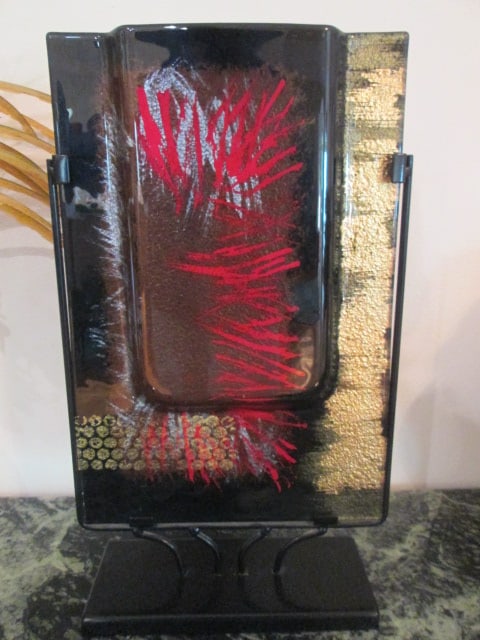 Dimensional Abstract Art Glass Vase in Black Metal Stand: 10 1/2" x 4" x 18"