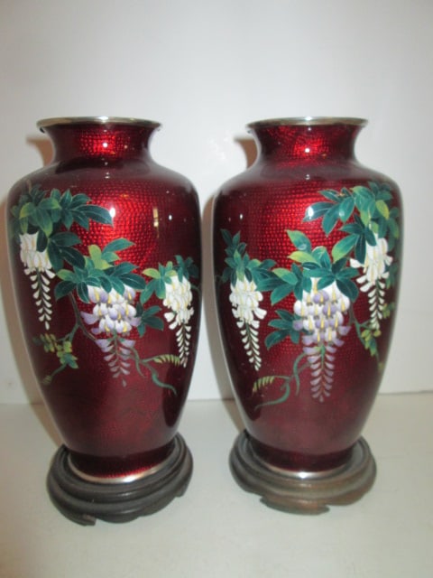 Pair of Ox Blood Style Hand Decorated Vases with Wood Stands (1 of 5)