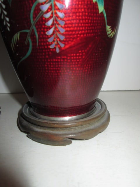Pair of Ox Blood Style Hand Decorated Vases with Wood Stands - 2