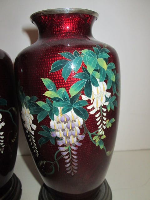 Pair of Ox Blood Style Hand Decorated Vases with Wood Stands - 3