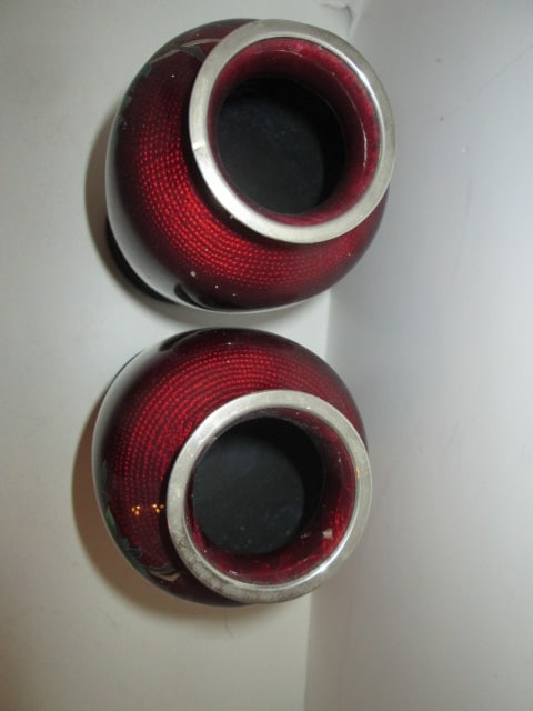 Pair of Ox Blood Style Hand Decorated Vases with Wood Stands - 4
