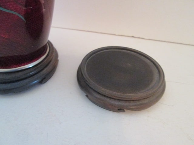 Pair of Ox Blood Style Hand Decorated Vases with Wood Stands - 5