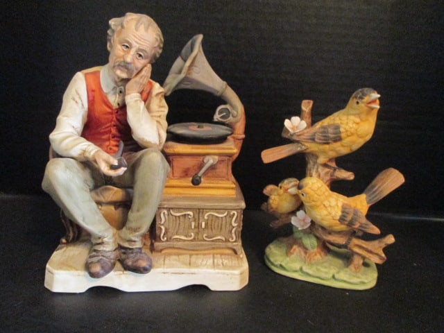 Royal Meridian Exclusive Design Germany Noritake Bisque Porcelain Gold Finch Figurine: and Musical Old Man Listening to Phonograph. Birds 6"h, Musical figurine 7 3/4"h(winds and plays)