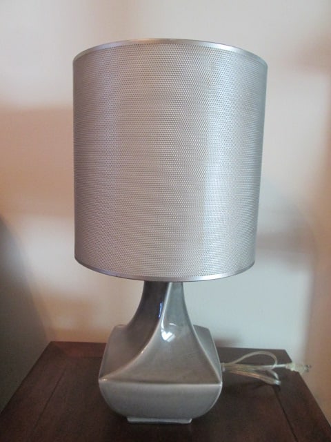 Grey Twisted Bottle Vase Table Lamp with Metal Screen Shade: 23"h, crazing, Local Pickup Only