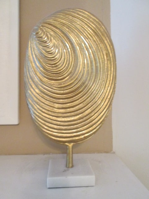 Gold Tone Cast Metal Stylized Mussel Shell Statue on Marble Plinth: 16 1/2"h