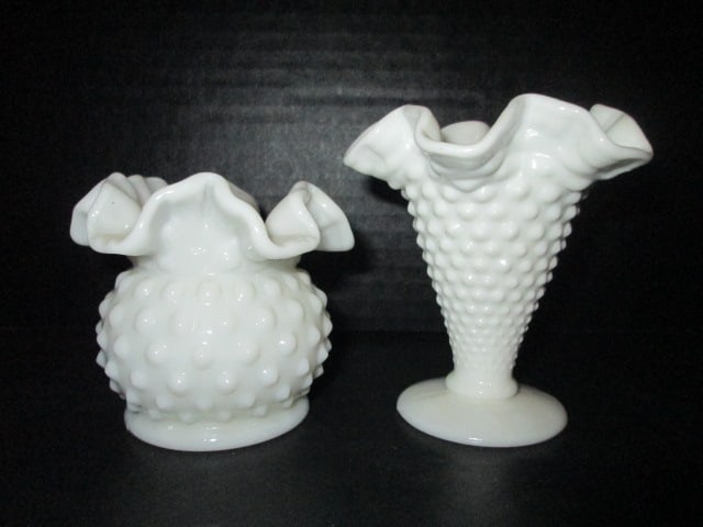 Fenton Milk Glass Small Footed Ruffle Vase and Ball Ruffle Vase: Footed 4"h, Ball 3"h, both have Fenton oval hallmark on bottom