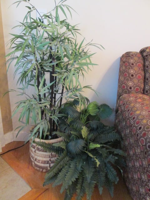 Artificial Fern Greenery in Wicker Planter and Artificial Bamboo Plant in Woven Coil Planter: Fern approx. 20"h, Bamboo approx. 54"h, Local Pickup Only